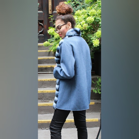 SALE Blue Wool Jacket Rex Rabbit Horizontal Fronts - Picture 4 of 4